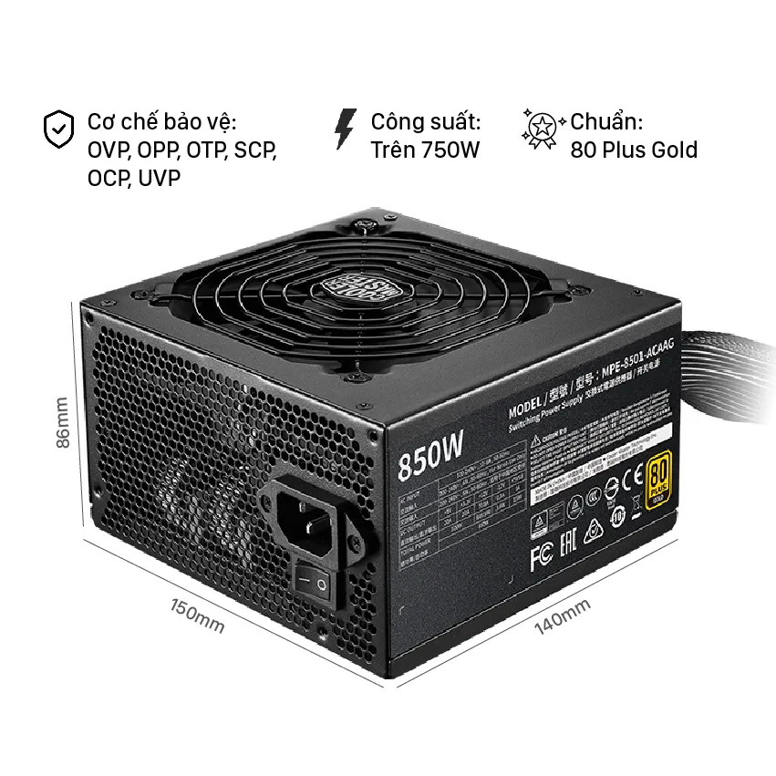  Nguồn Máy Tính Cooler Master MWE GOLD 850-V2  850W (80 Plus Gold/Màu Đen)